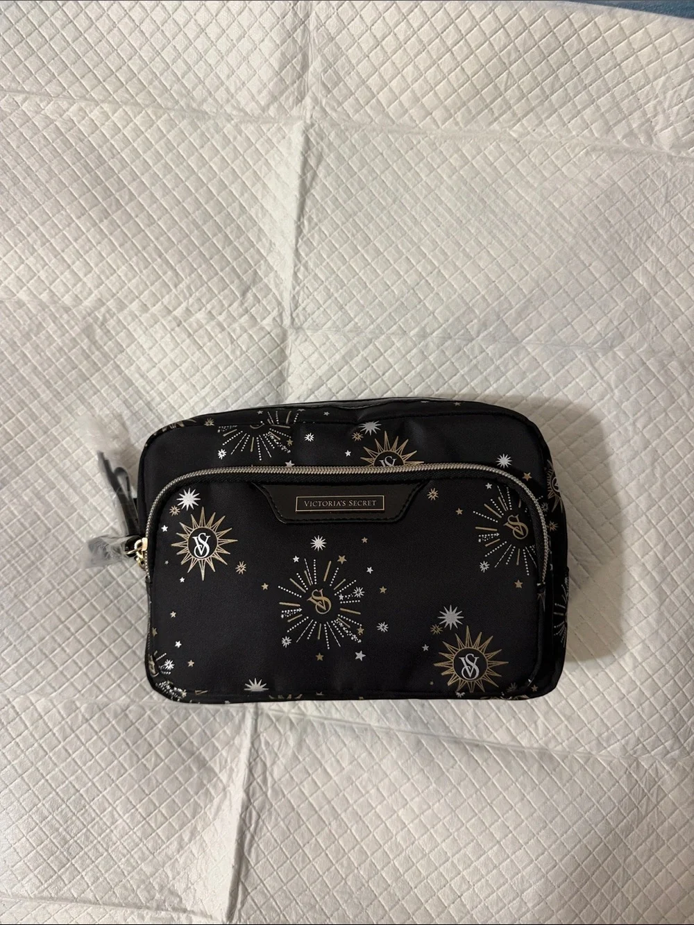 Victoria's Secret Black Cosmetic Pouch with Gold & Silver Starburst Print